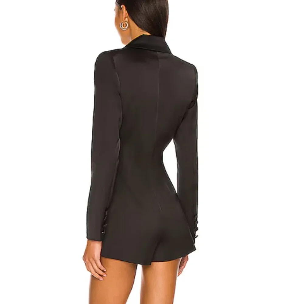 NWT NBD Black Satin Blazer Type Long Sleeve "Aria" Romper S - Picture 2 of 7